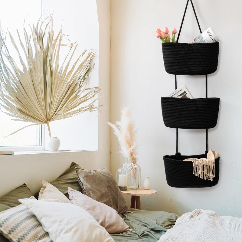 TeoKJ Over the Door Organizer, 3-Tier Woven Cotton Hanging Kitchen Baskets Storage Organizer Bag with Hooks Wall-Mounted Decorative Rope Baskets - Black - Image 3